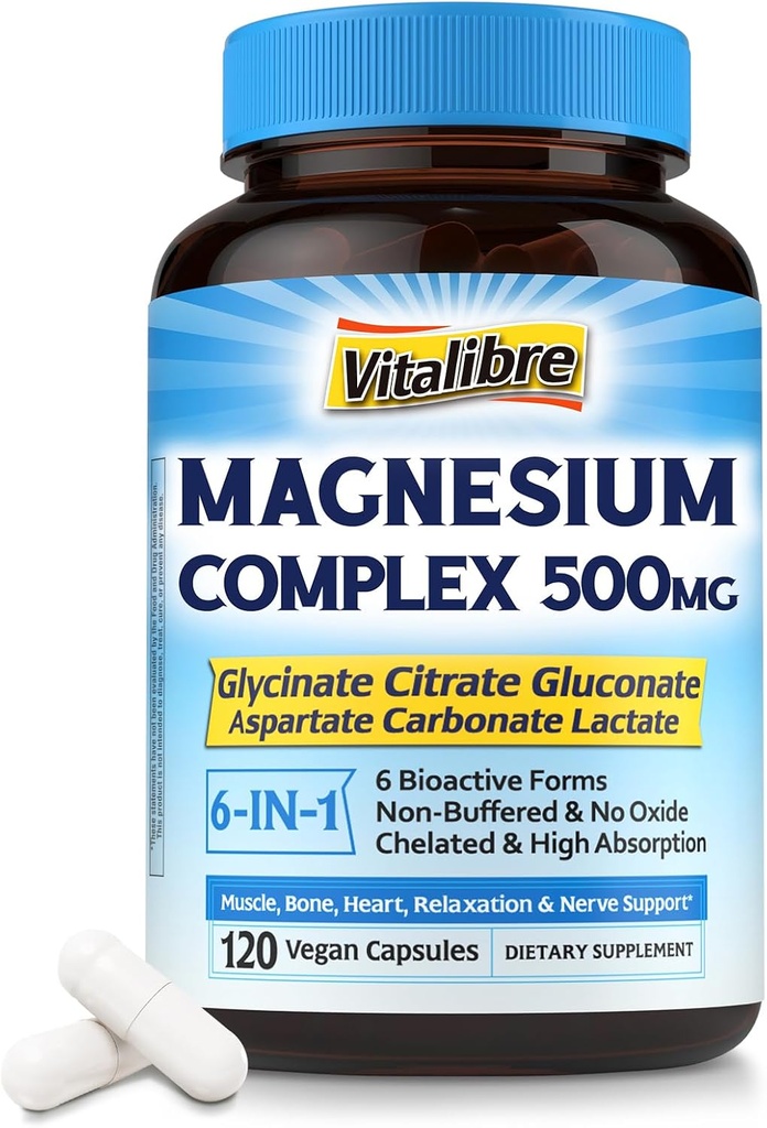 Συγκρότημα μαγνησίου 500mg, 6 σε 1 Χηλικό Γλυκινικό μαγνήσιο, Κιτρικό, Ασπαρτικό, Γλυκονικό, Ανθρακικό & Γαλακτικό, Μέγιστο συμπλήρωμα απορρόφησης για τον ύπνο & την ηρεμία, 120 Καπάκια Vegan, Όχι Μαγνησιακό Οξείδιο