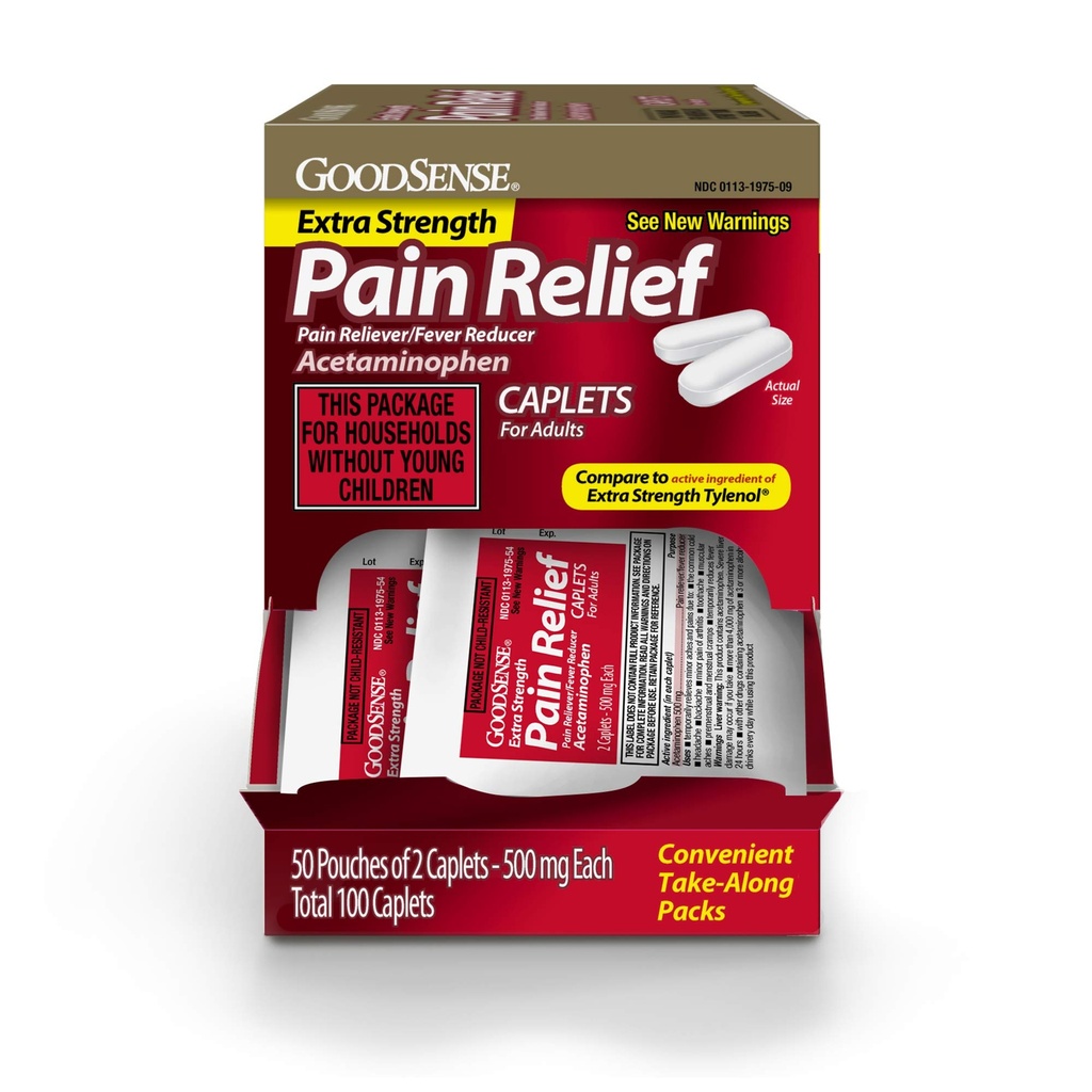 GoodSense Extra Strength Acetaminophen Caplets 500 mg, Pain Reliever and Fever Reducer, Easy Open Cap, 100 Count