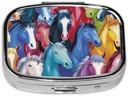 Colorful Cartoon Horses Printed Square Pill Organizer with 2 Compartments, Portable Mini Pill Box Pill Case for Medicine, Vitamin, Fish Oil, Supplements