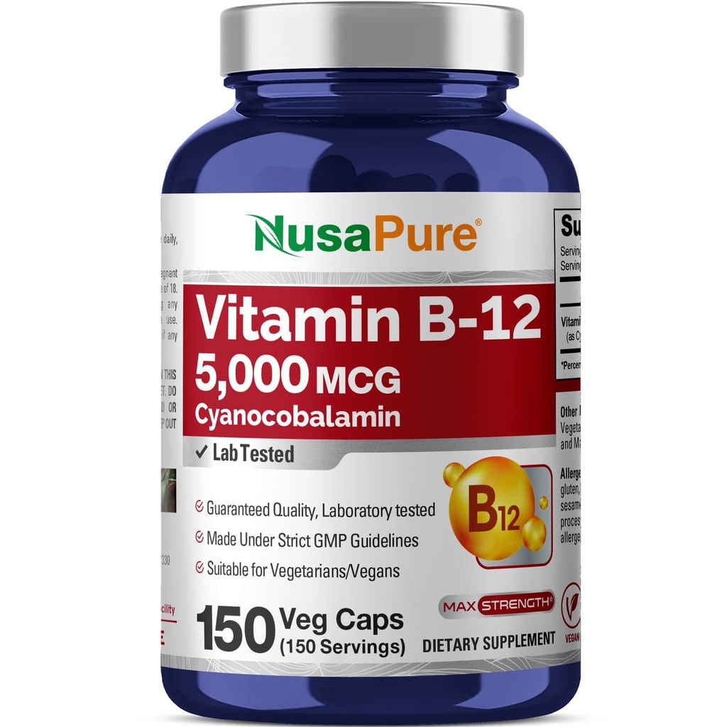 NusaPure Βιταμίνη B12-5000 MCG 150 Κάψουλες Veggie (Μη GMO, Vegan) - Μέγιστη δύναμη Βιταμίνη B12
