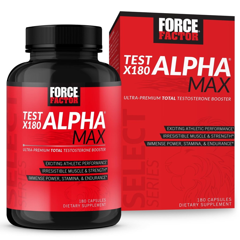 FORCE FACTOR Test X180 Alpha Max συνολική τεστοστερόνη και νιτρικό οξείδιο Booster για τους άνδρες με σπέρμα και Tribulus για να αυξήσει τη ροή του αίματος και να βελτιώσει την απόδοση των αρσενικών αθλημάτων, 180 κάψουλες