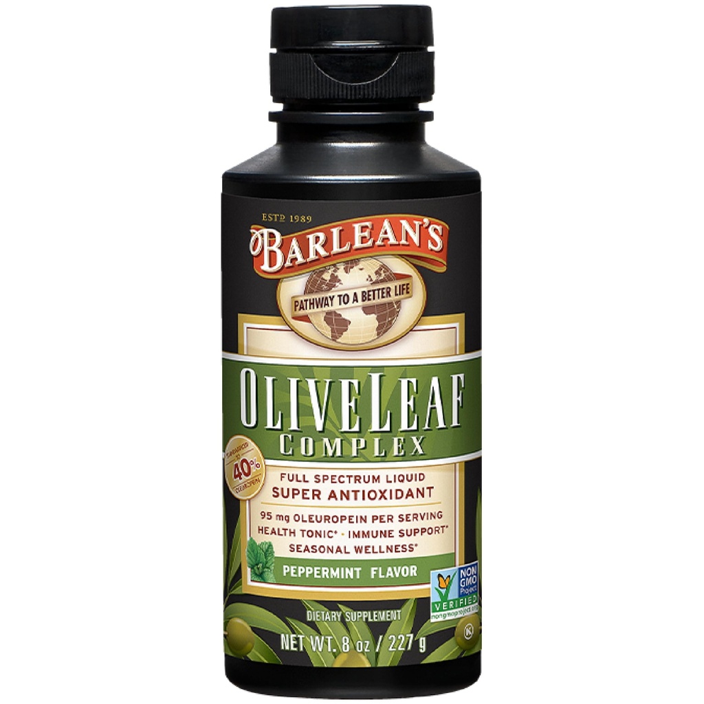 Barlean's Peppermint Olive Leaf Complex Liquid Immune Support Supplement, 95mg Oleuropein Antioxidants, 8 oz | Immune and heart support, antioxidant oleuropein, seasonal wellness, olive leaf extract liquid, peppermint flavor, non-GMO