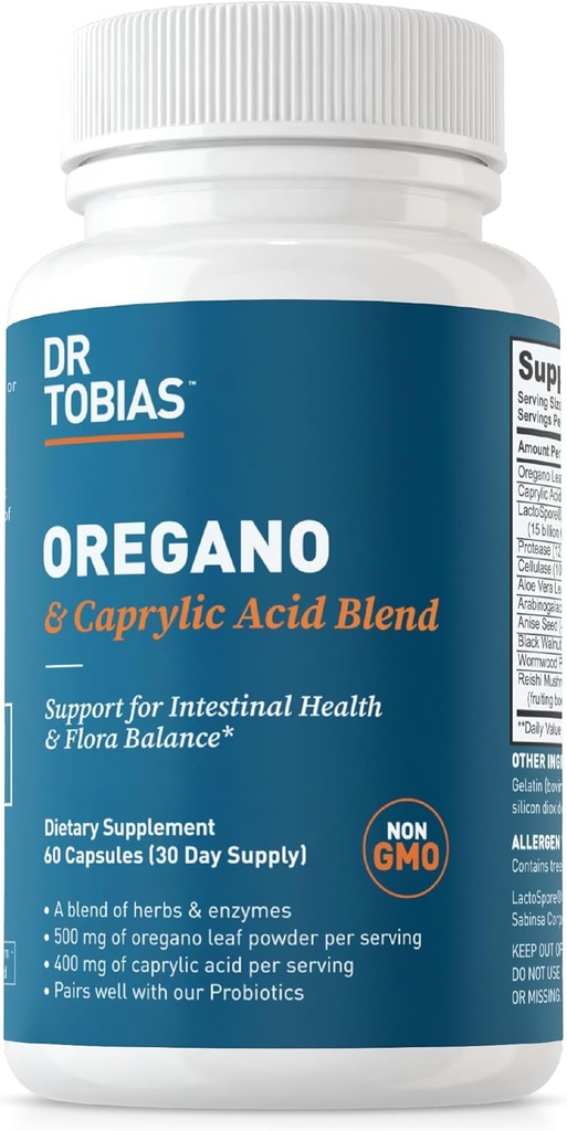 Dr. Tobias Oregano και Caprylic Acid Blend, Συγκρότημα Ισορροπίας με Προβιοτικά & Ένζυμα για Εντερική και Ανοσολογική Υποστήριξη, Συμπληρώματα Υγείας για Γυναίκες & Άνδρες, 60 Κάψουλες, 30 Υπηρεσίες