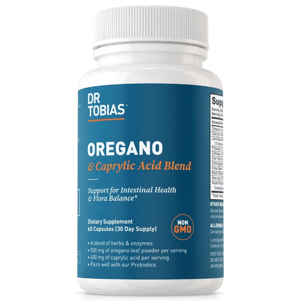 Dr. Tobias Oregano και Caprylic Acid Blend, Συγκρότημα Ισορροπίας με Προβιοτικά & Ένζυμα για Εντερική και Ανοσολογική Υποστήριξη, Συμπληρώματα Υγείας για Γυναίκες & Άνδρες, 60 Κάψουλες, 30 Υπηρεσίες