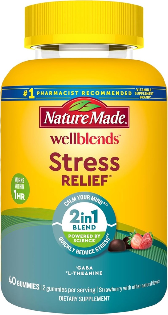 Nature Made Wellbleds Stress Relief Gummies, L theanine 200mg για να βοηθήσει στη μείωση του στρες, με GABA 100mg, Ίδια μέρα υποστήριξη στρες, 40 φράουλα γεύσης Gummies