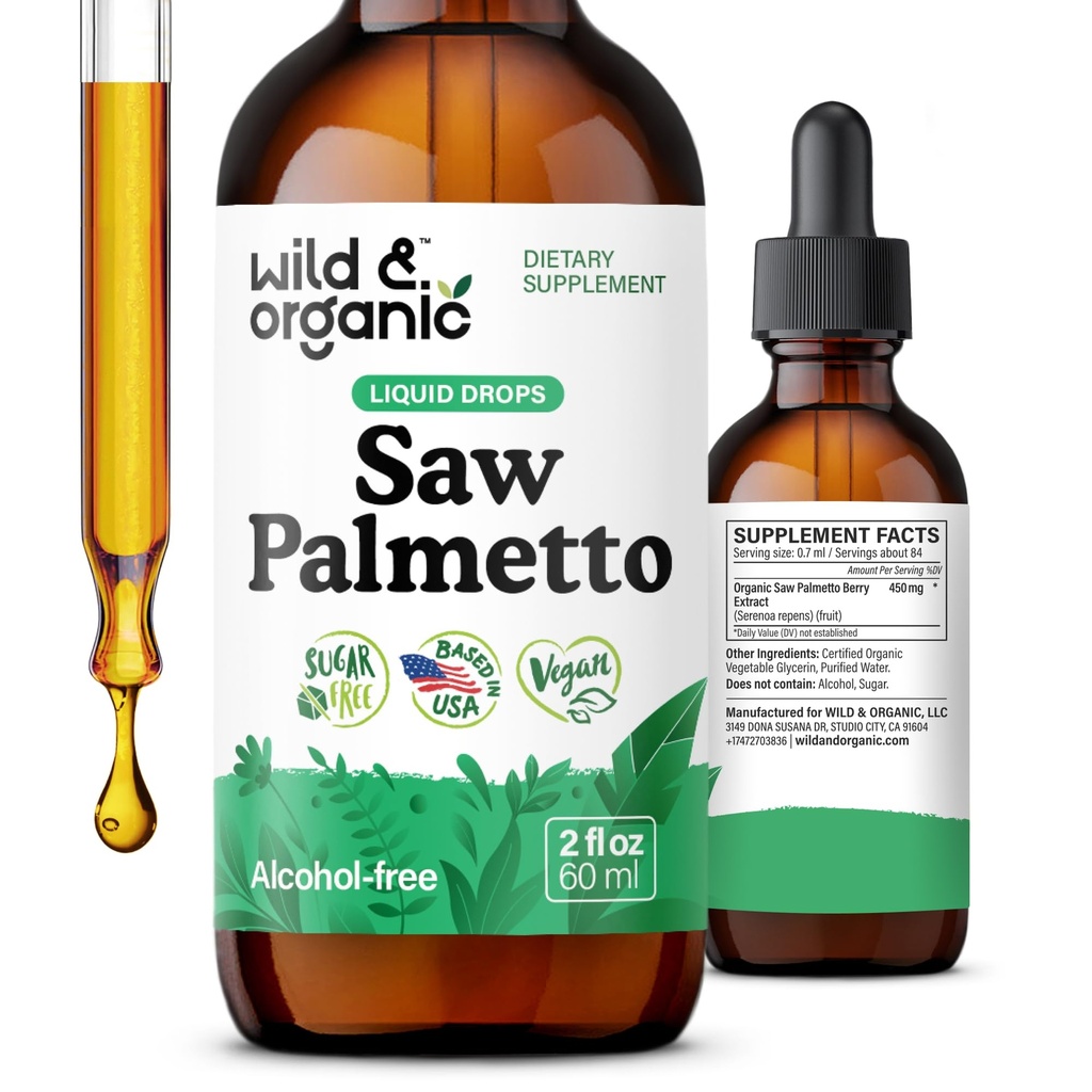 Wild & Organic Saw Palmetto Extract Drops - urinary Support - Saw Palmetto για άνδρες και γυναίκες - Υγρό Serenoa Repens μούρες συμπλήρωμα - Vegan, ζάχαρη & αλκοόλ-ελεύθερο - 2 fl oz