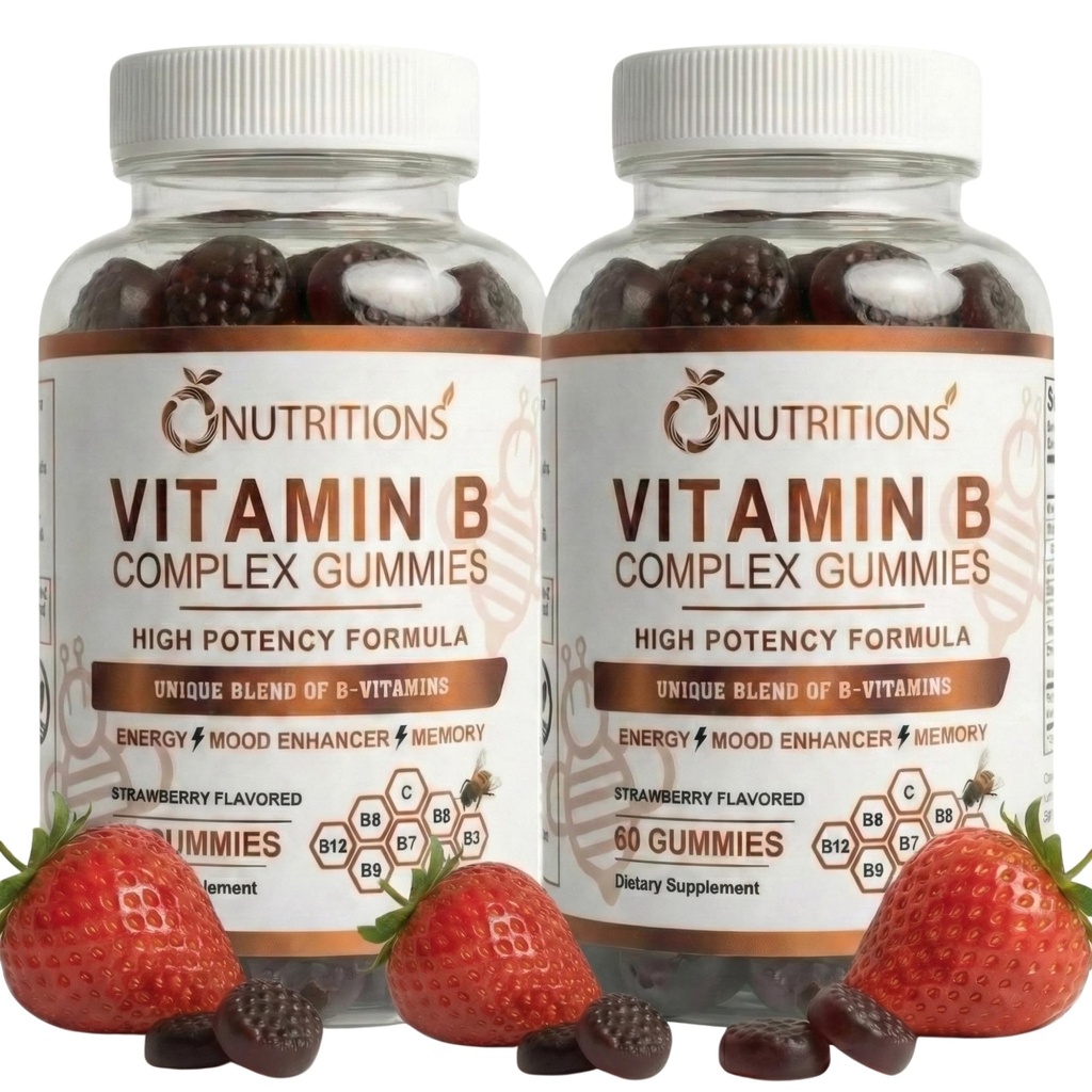 O NUTRITIONS Vitamin B Complex Vegan Gummies με βιταμίνη B12, B7 ως Biotin, B6, B3 ως Niacin, B5, B6, B8, B9 ως Folate για το άγχος, την ενέργεια και το υγιές ανοσοποιητικό σύστημα (2 Pack)
