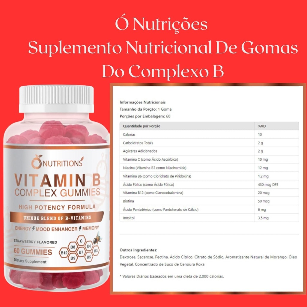 O NUTRITIONS Vitamin B Complex Vegan Gummies με βιταμίνη B12, B7 ως Biotin, B6, B3 ως Niacin, B5, B6, B8, B9 ως Folate για το άγχος, την ενέργεια και το υγιές ανοσοποιητικό σύστημα (2 Pack)