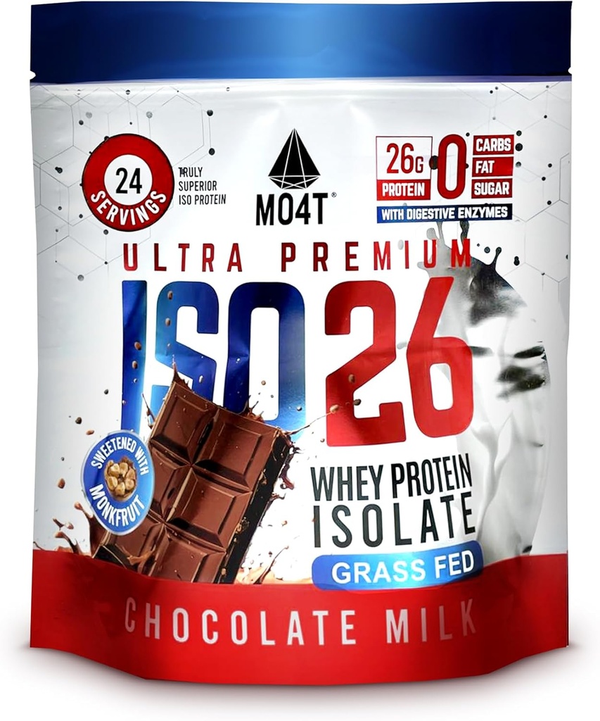 ISO26 Πρωτεΐνη Whey feed από χόρτο Isolate χωρίς τεχνητές γλυκαντικές ουσίες. Φυσικά ζαχαρωμένο με Φρούτα Μοναχού, 1,6 Λίρες, 24 μερίδες, Σοκολάτα Γάλα.