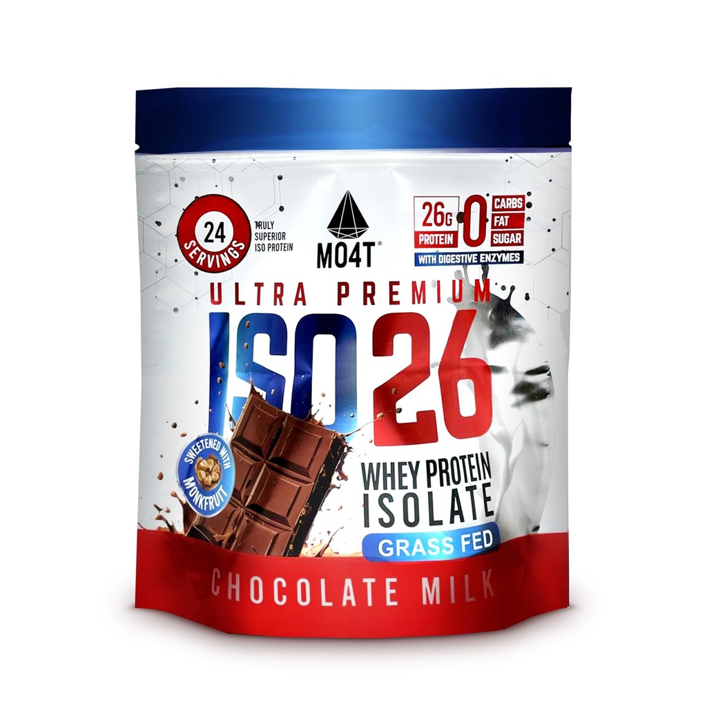ISO26 Πρωτεΐνη Whey feed από χόρτο Isolate χωρίς τεχνητές γλυκαντικές ουσίες. Φυσικά ζαχαρωμένο με Φρούτα Μοναχού, 1,6 Λίρες, 24 μερίδες, Σοκολάτα Γάλα.