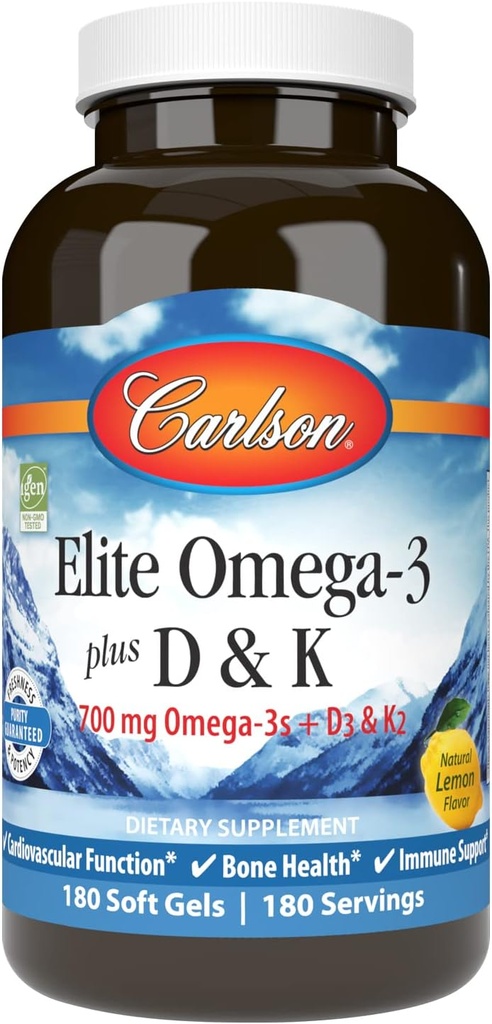 Carlson - Elite Omega-3 Plus D & K, 700 mg Omega-3s + D3 & K2, Λειτουργία, Υγεία των οστών & ανοσοποιητική υποστήριξη, λεμόνι, 180 Softgels