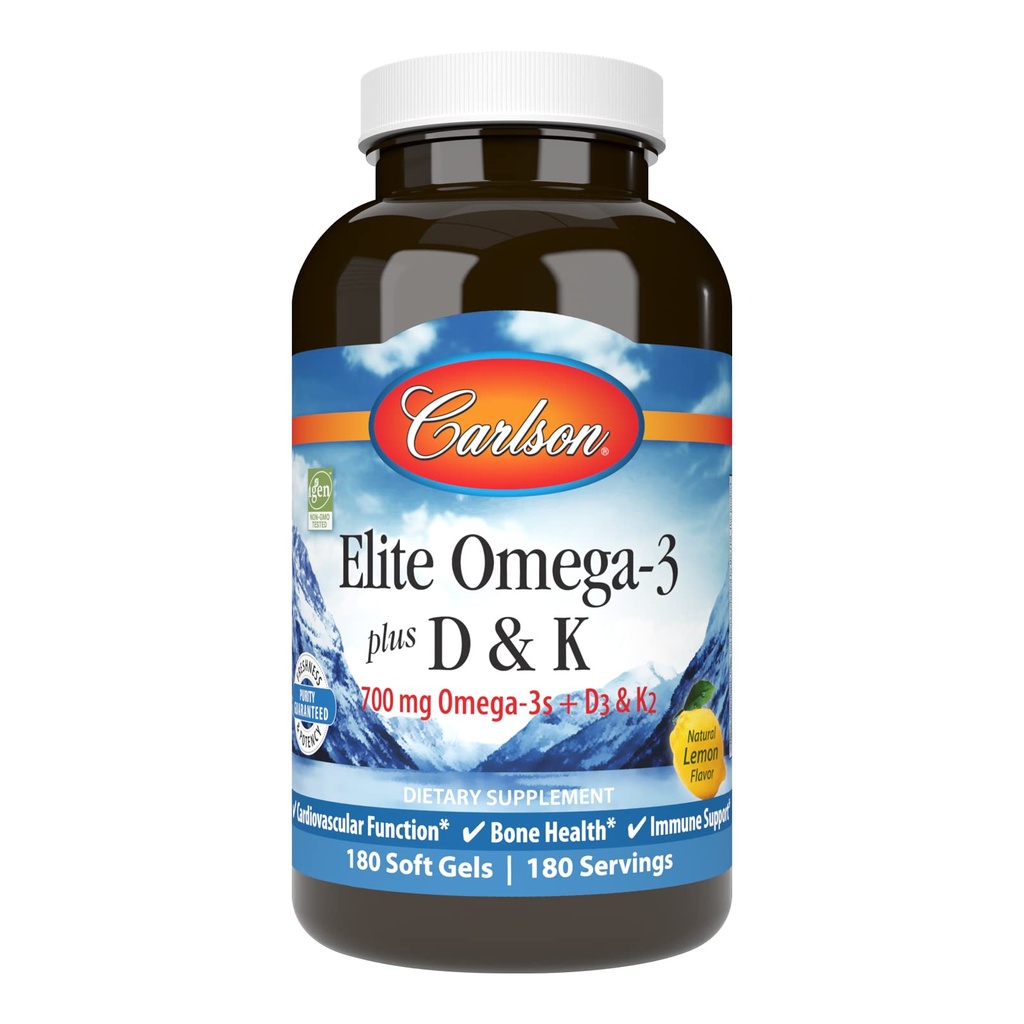 Carlson - Elite Omega-3 Plus D & K, 700 mg Omega-3s + D3 & K2, Λειτουργία, Υγεία των οστών & ανοσοποιητική υποστήριξη, λεμόνι, 180 Softgels