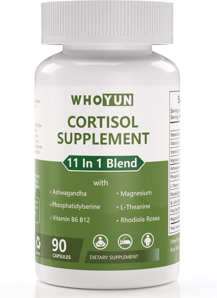 Cortisol συμπλήρωμα για γυναίκες, 11 σε 1 κάτω Cortisol Blend με Ashwagandha, Phosphatidylserine, Μαγνήσιο, L-Θεανίνη, Vegan, 90 κάψουλες