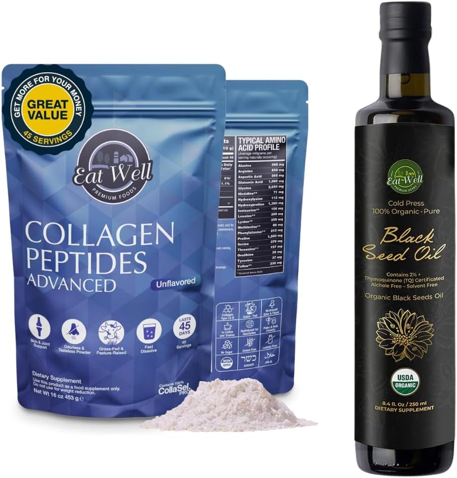 EAT WELL PREMIUM FOODS Collagen Peptides powder Protein 45 μερίδες, 16oz & USDA Organic Black Seed Oil 8.4 FL μπουκάλι oz