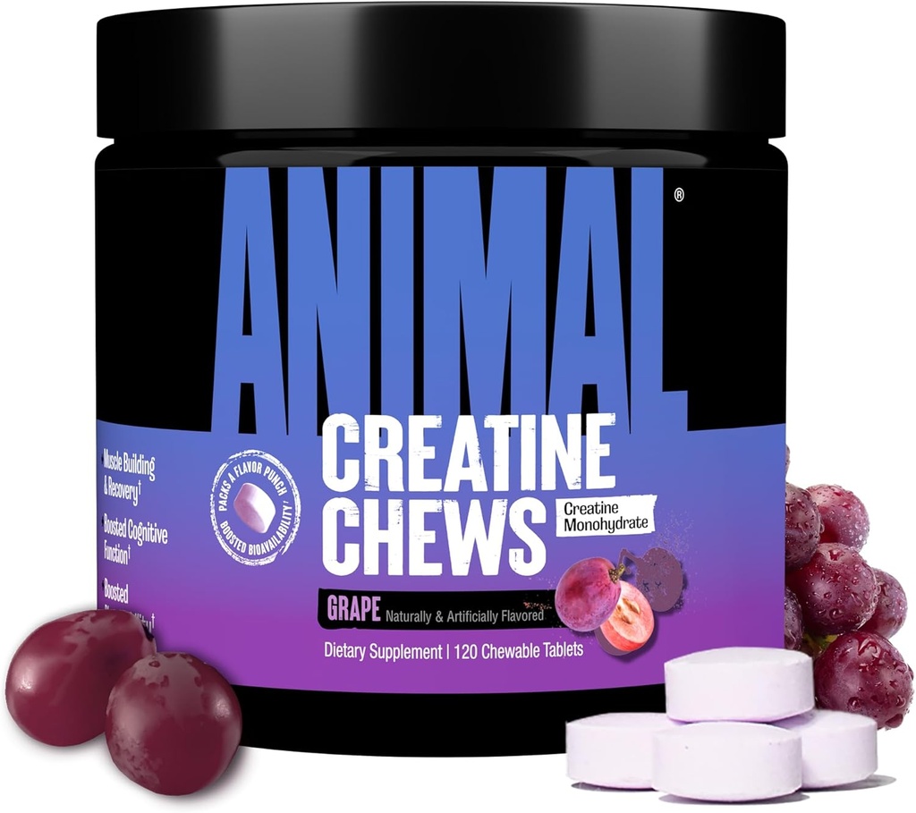 Animal Creatine Chews Tablets - Enhanced Creatine Monohydrate with AstraGin to Improve Absorption, Sea Salt for Added Pumps, Delicious and Convenient Chewable Tablets - Grape