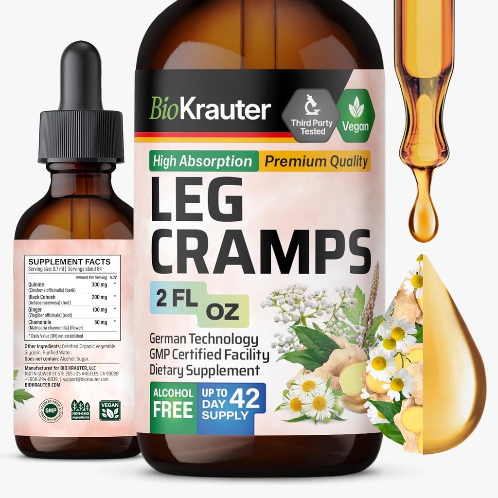 BIO KRAUTER Leg Cramps Βάμμα με κινίνη - Ginger & χαμομήλι Υγρά Εκχυλίσματα για τα πόδια Cramps - Φυσικό Αλκοόλ & Ζάχαρη Χωρίς Φόρμουλα - Vegan Drops 2 Fl.Oz.