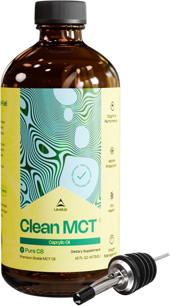 Επίπεδο Up Καθαρό MCT Λάδι - 100% Caprylic C8 για την ενέργεια, Focus, Διαχείριση βάρους, Υγεία κόκκων, Εγκέφαλος Superfuel - Keto συμπλήρωμα για κετογόνο καφέ και κετόνες - μη GMO (16 oz γυάλινη φιάλη)