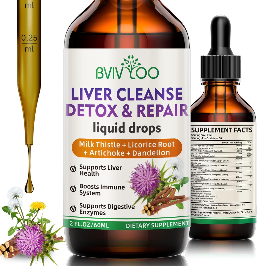 Liver Cleanse Detox & Repair Liquid Drops - 2000mg Milk Thistle, Dandelion Root, Artichoke, Silymarin Extract, & Turmeric Herbs - Vegan, Non-GMO - 2 Fl Oz (60ml) Μπουκάλι