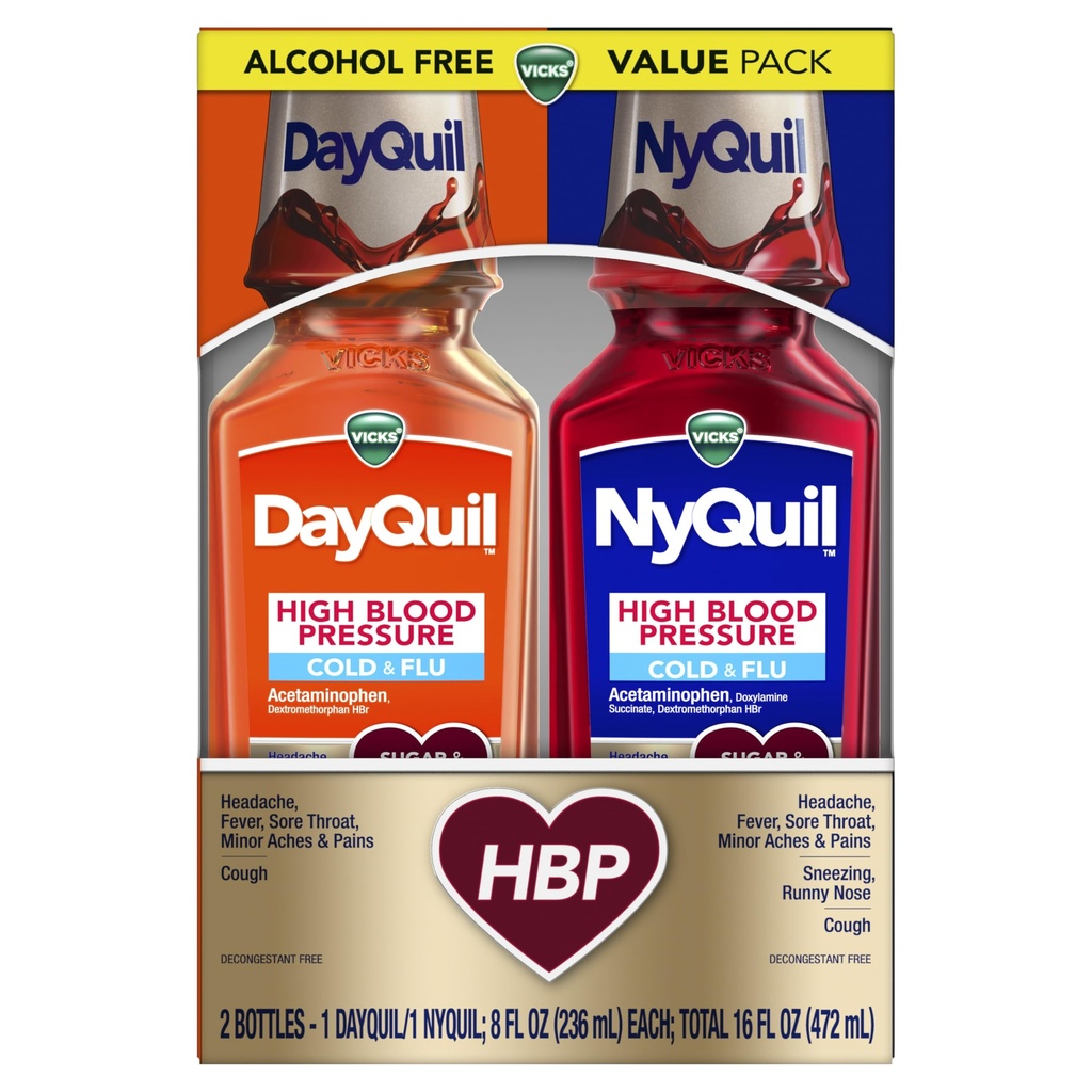 VICKS DayQuil & NyQuil Υψηλή πίεση του αίματος Ψυχρό & Flu Relief Liquid Medicine Co-Pack, Ισχυρό Multi-Symptom Ημέρα & Νύχτα ανακούφιση για το κρύο, βήχα, και τα συμπτώματα της γρίπης, Ζάχαρη & Αλκοόλ, 2x8oz