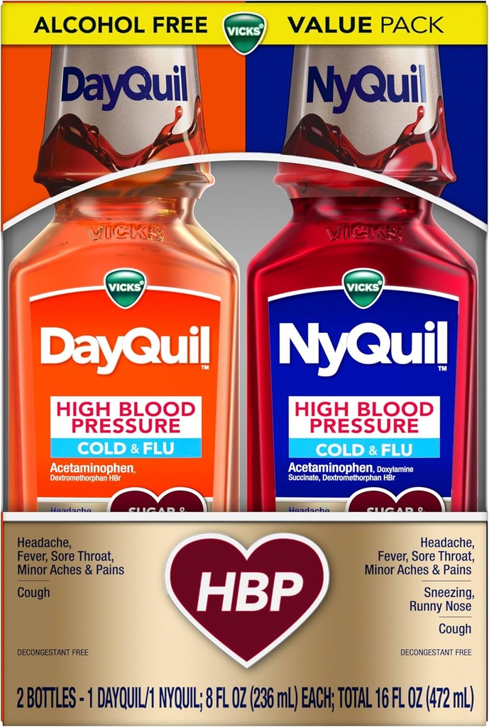 VICKS DayQuil & NyQuil High Blood Pressure Cold & Flu Relief Liquid Medicine Co-Pack, Powerful Multi-Symptom Daytime & Nighttime Relief for Cold, Cough, and Flu Symptoms, Sugar & Alcohol Free, 2x8oz