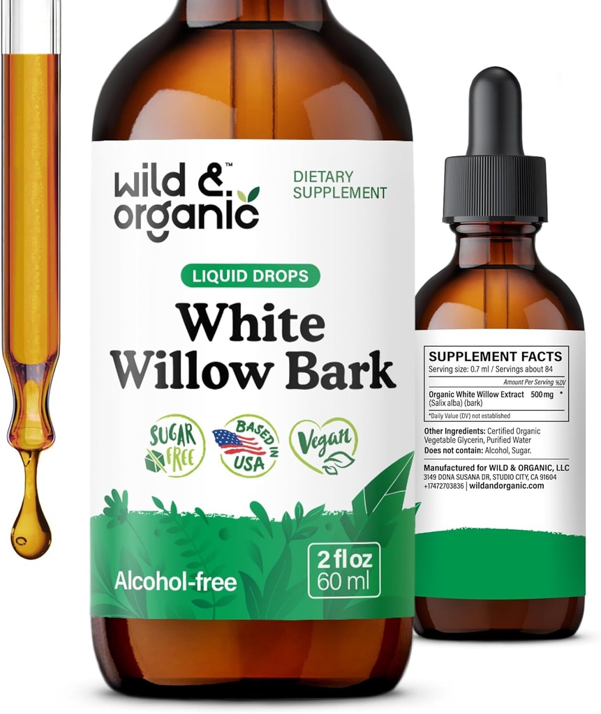 Wild & Organic White Willow Bark Extract Liquid Drops - Γενικό συμπλήρωμα ευεξίας - 500 mg White Willow Bark Herb Βάμμα - Χωρίς αλκοόλ & ζάχαρη, μη-GMO - 2 fl oz