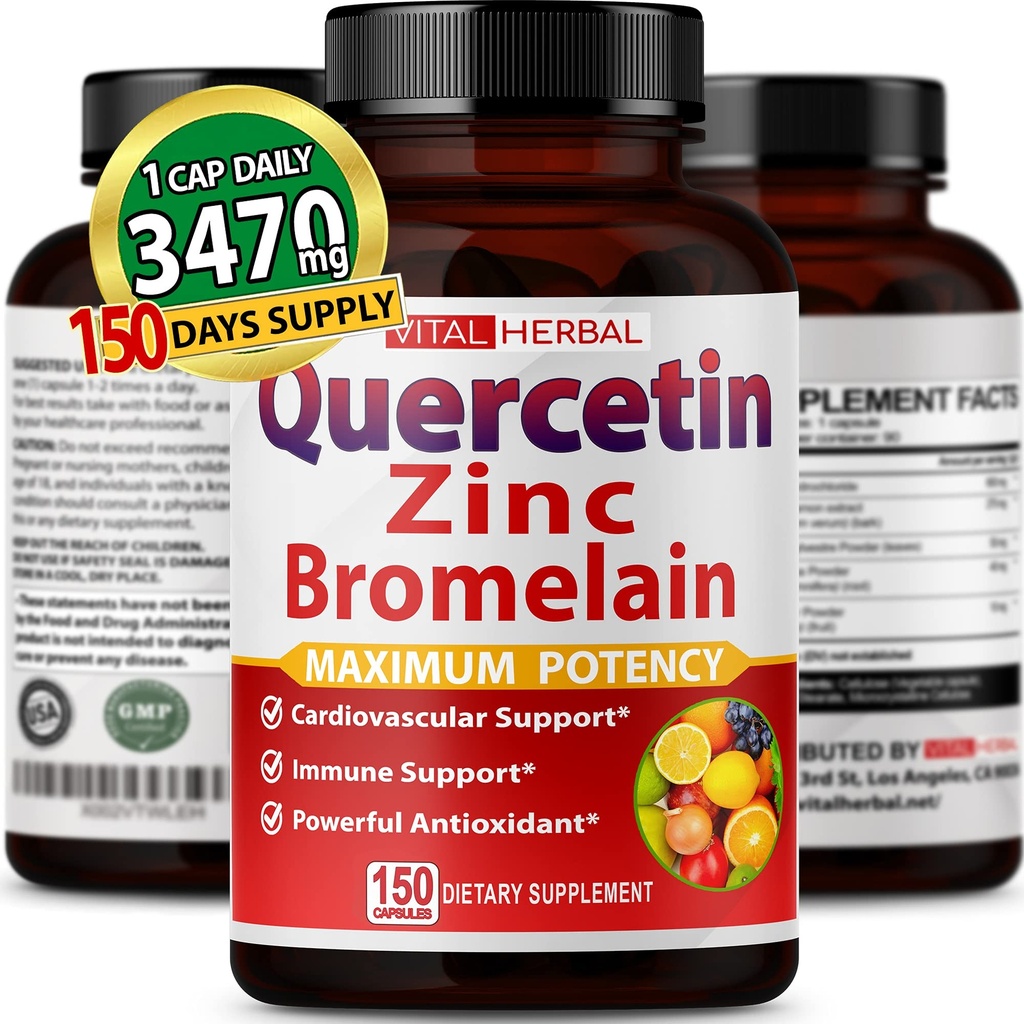 Premium High Purity Quercetin 98% with Bromelain Capsules for Maximum Potency with Green Tea Ashwagandha - Supports Overall Health Strength Energy - 90 Days Supply