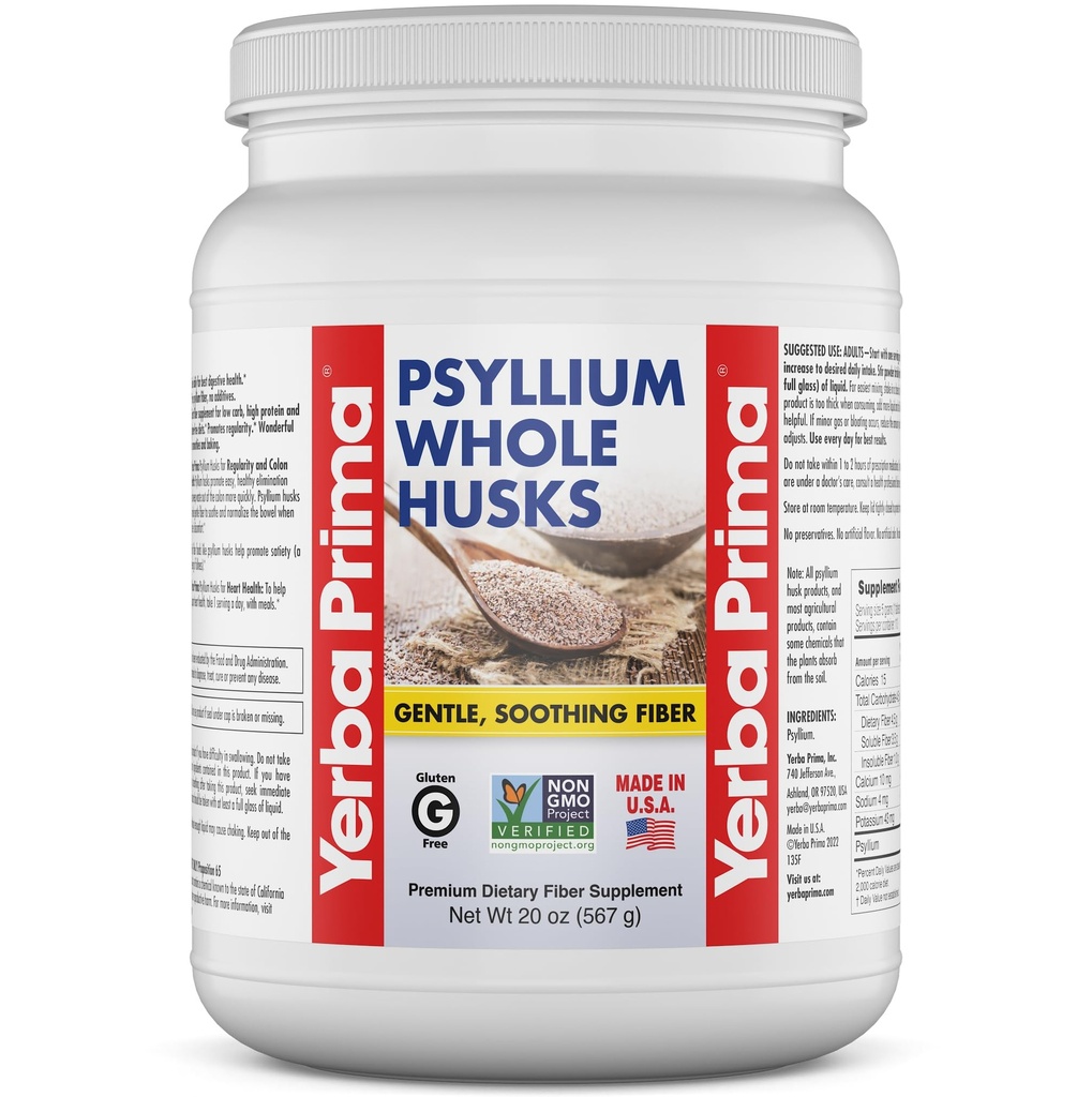 Yerba Prima Psyllium ολόκληρο το χωνί Fiber Supplement - Cleanse του παχέος εντέρου - Υγεία των ούρων - Vegan Non-GMO Χωρίς γλουτένη - 20oz