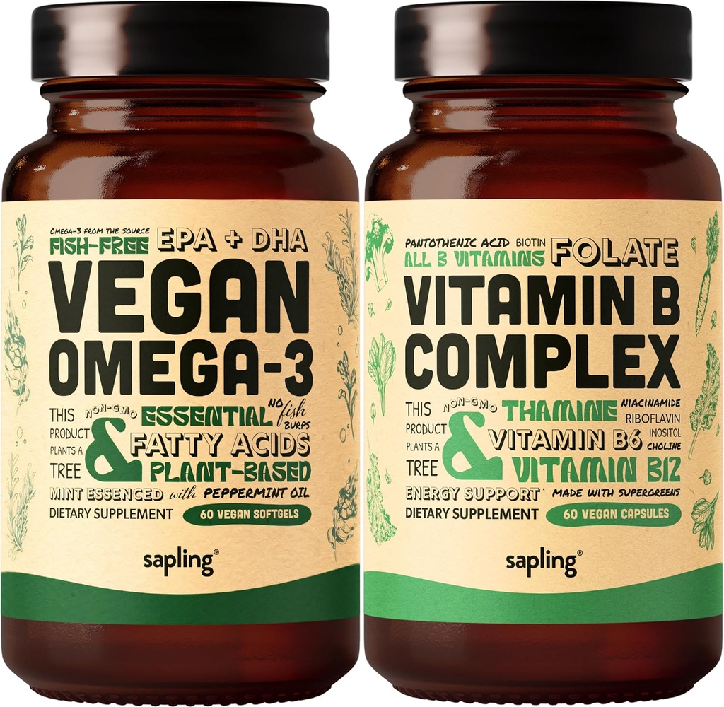 Vegan Omega 3 & Vegan Vitamin B Complex B Complex B Bundle - DHA & EPA λιπαρά οξέα, Ουσιώδεις βιταμίνες Β με πλήρη ανάμειξη τροφίμων, B1, B2, B3, B5, B6, B7, Folate