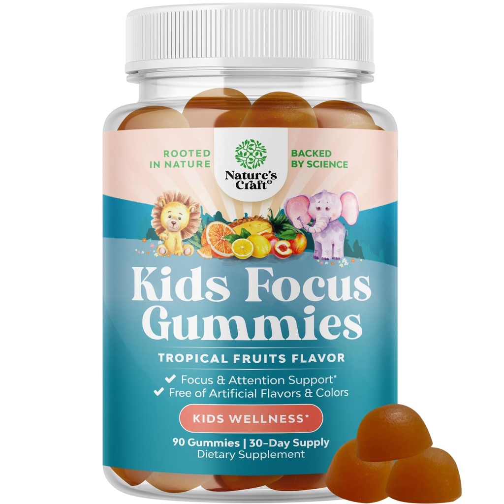 Παιδιά Focus Gummies - Nootropics Συμπλήρωμα υποστήριξης εγκεφάλου για τα παιδιά με εκχύλισμα πράσινου τσαγιού, B6 & B12 Βιταμίνες για τη μνήμη και το εγκεφαλικό Focus - Βότανο Chews συγκέντρωσης για τα παιδιά - 90 Count