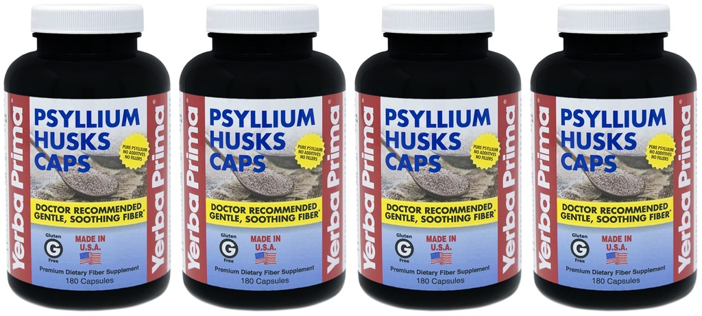 Yerba Prima Psyllium Husks Caps - 180 caps (Συσκευασία των 4) - Συμπλήρωμα Φυσικών Ίνων - Μη Γλουτένη Γλουτένη GMO