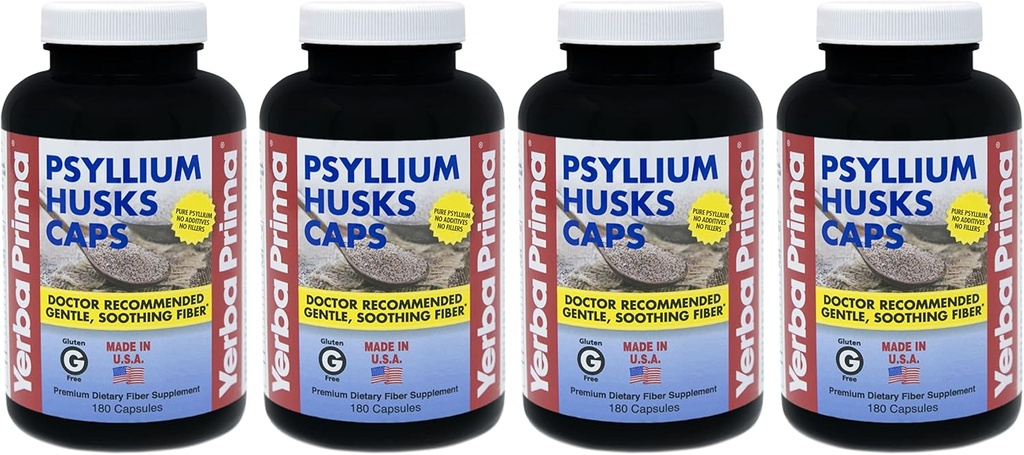 Yerba Prima Psyllium Husks Caps - 180 caps (Συσκευασία των 4) - Συμπλήρωμα Φυσικών Ίνων - Μη Γλουτένη Γλουτένη GMO