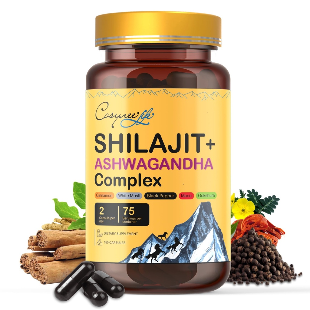 Himalayan Shilajit- Complex με Ashwagandha, Mace, Gokshura, Cinnamon & Piperine  Trace Minerals, Shilajit για άνδρες, Shilajit για γυναίκες, κανονική δόση - 150 κάψουλες