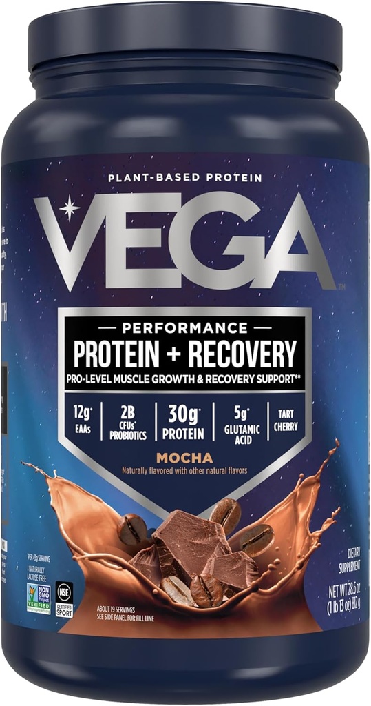 Vega Sport Vegan Protein Powder + Recovery - 30g Plant Based Protein per Serving, Mocha, 19 Servings, 5g BCAAs, Probiotics, NSF Certified, For Shakes & Smoothies, 1,8lbs (Packaging May Vary)