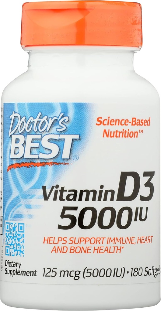 Γιατροί Καλύτερη βιταμίνη D3 5000IU, μη ΓΤΟ, 180 Softgel (πακέτο του 1)