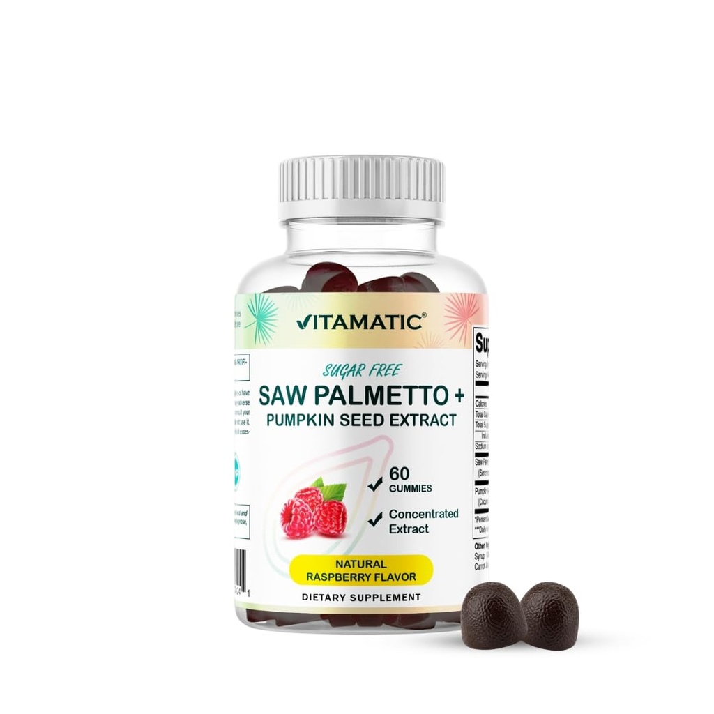 Vitamatic Sugar-Free Saw Palmetto με Σπόροι κολοκύθας – 3000 mg Ισοδύναμο ανά Σερβίρισμα – Φυσικό άρωμα βατόμουρο – 60 Gummies