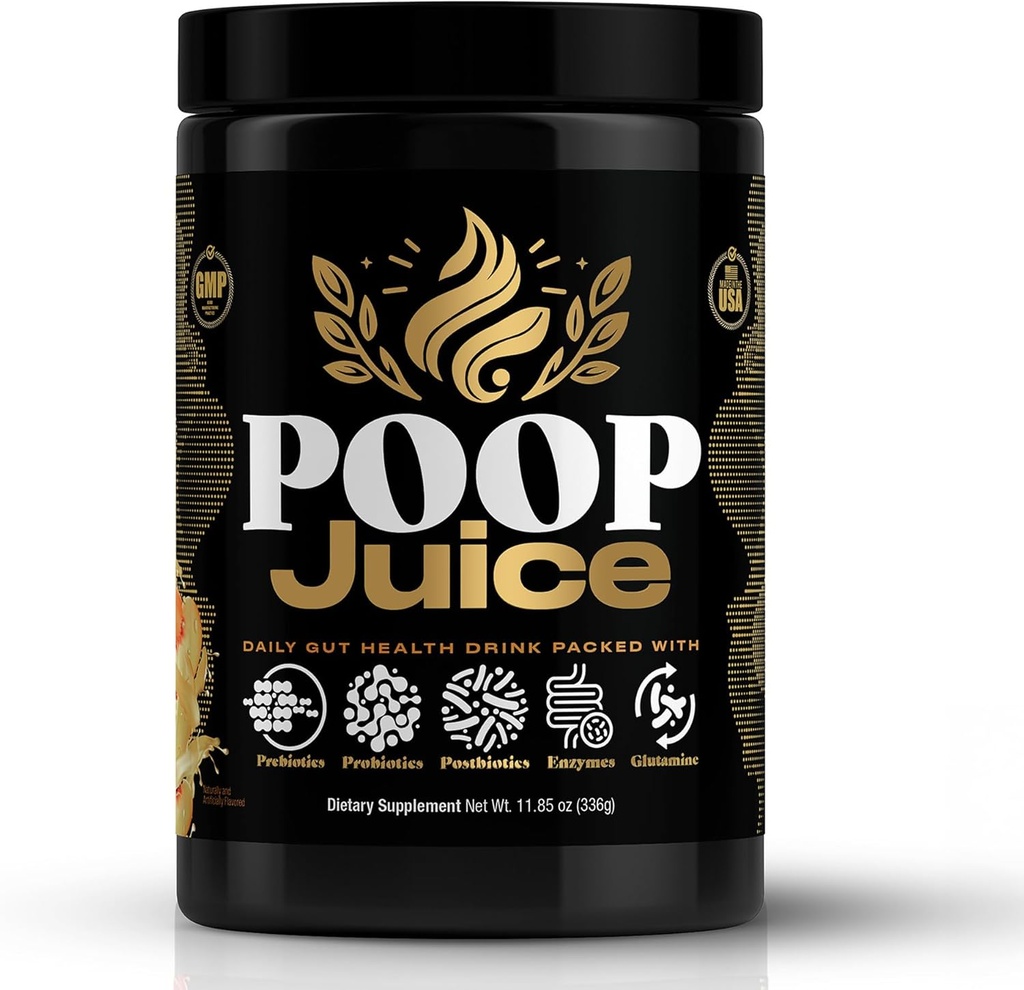 Poop Juice 5-in-1 Prebiotic, Probiotic, Postbiotic, Digestive Enzymes & Glutamine Supplement Powder - Bloat Relief, Gut & Immune Support - Ζάχαρη & Λακτόζη-Free - 30 Servings (Georgia Peach Mango)