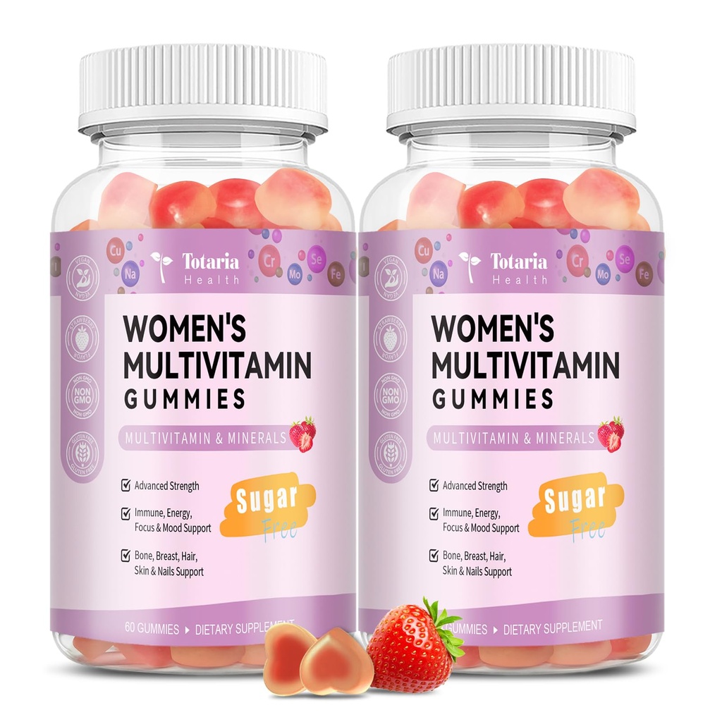 Totaria Ζάχαρη Δωρεάν πολυβιταμίνη Gummies για γυναίκες 14+ w/Ινοσιτόλη, Σίδερο, Φολικό, Βιοτίνη, Γυναικεία καθημερινή πολυβιταμίνη Gummy w/Vitamin A, D, C, B, Υποστήριξη Μαλλιά, Δέρμα, Ενέργεια, Ανοσοποιητικό, Φράουλα Γεύση