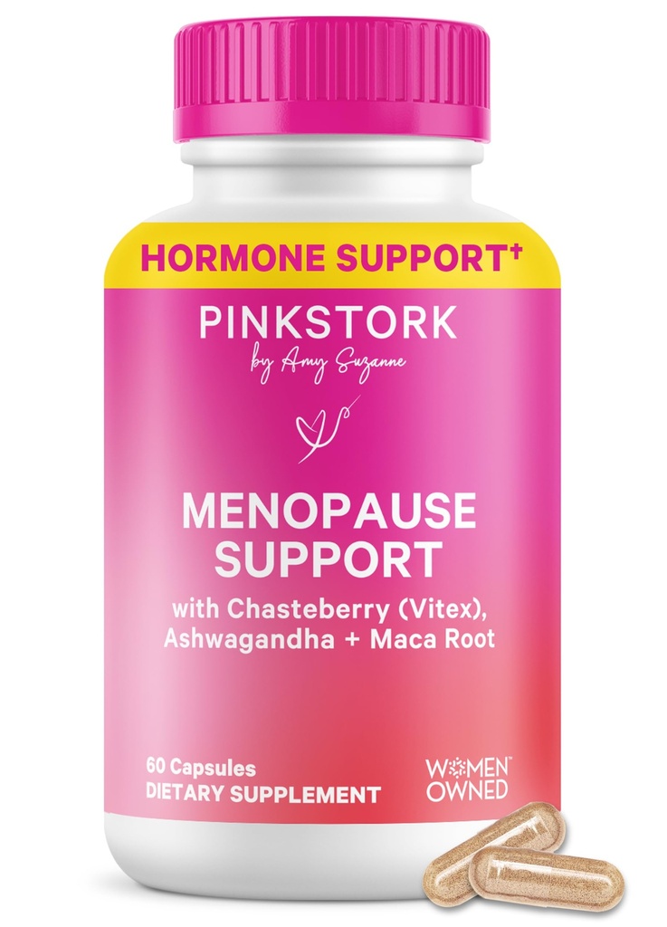 Pink Εμμηνόπαυση πελαργού Υποστήριξη για γυναίκες - Hot Flash, Mood, Sleep, Weight, Cortisol & Hormonal Balance - Vegan, Estrogen-free Περιεμμηνόπαυση Ανακούφιση - Ashwagandha, Maca - 60 κάψουλες