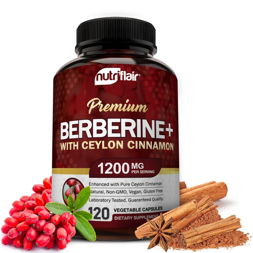 NutriFlair Premium Berberine HCL 1200mg, 120 Κάψουλες - Συν καθαρό True Ceylon Κανέλα, Berberine HCI Root Συμπληρώματα Χάπια - ανοσοποιητικό σύστημα - αποδίδει ένα Optimal 8% HCl