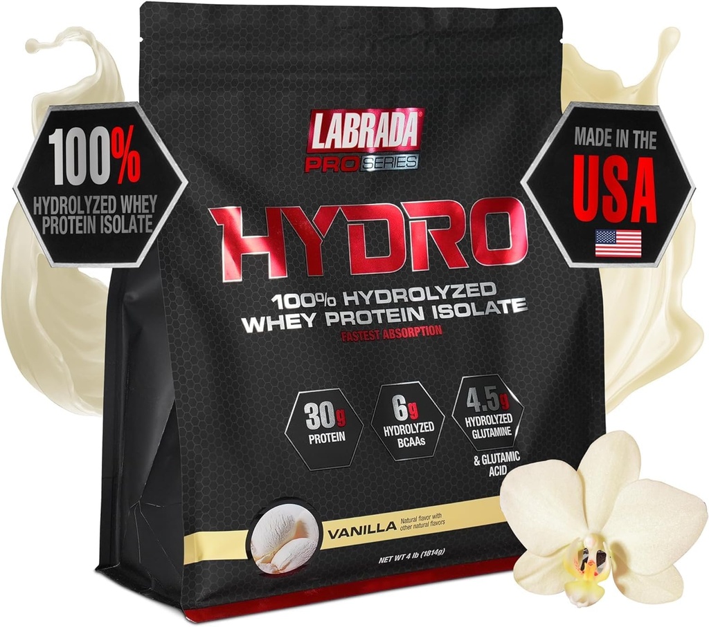 LABRADA Hydro 100% Pure Hydrolyzed Whey Protein Isolate Powder, Lactose Free, Glutamine, Fastest Digesting Whey Διαθέσιμο, Instant Mixing, Delicious Taste 48 Σερβιρίσματος 4lb (Vanilla)