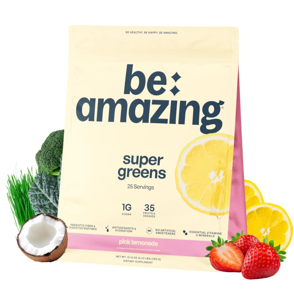 BE AMAZING Σούπερ Πράσινα Σκόνη με προβιοτικά, Digestive Ένζυμα & Αντιοξειδωτικά, 35 Φρούτα & Veggie, Ηλεκτρολύτες & Ίνες, Vegan, Gluten Free Juice & Smoothie Mix, Pink Λεμονάδα, 25 Μερίδες