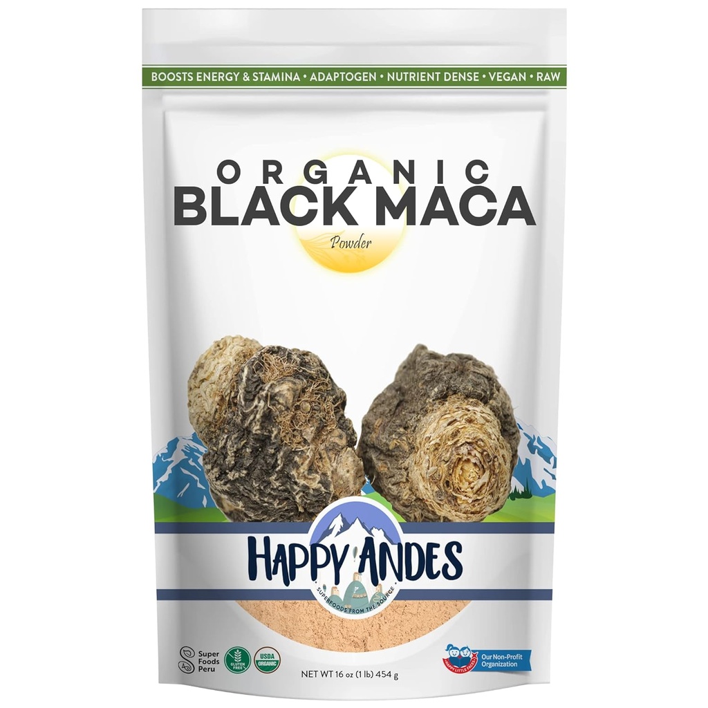 Happy Andes Organic Black Pure & Raw Maca Root Powder Non-GMO, USDA for Energy & Fitness, Performance & Mood for Men & Women, Gluten Free, Περουβιανό Superfood, Blue, 16 oz