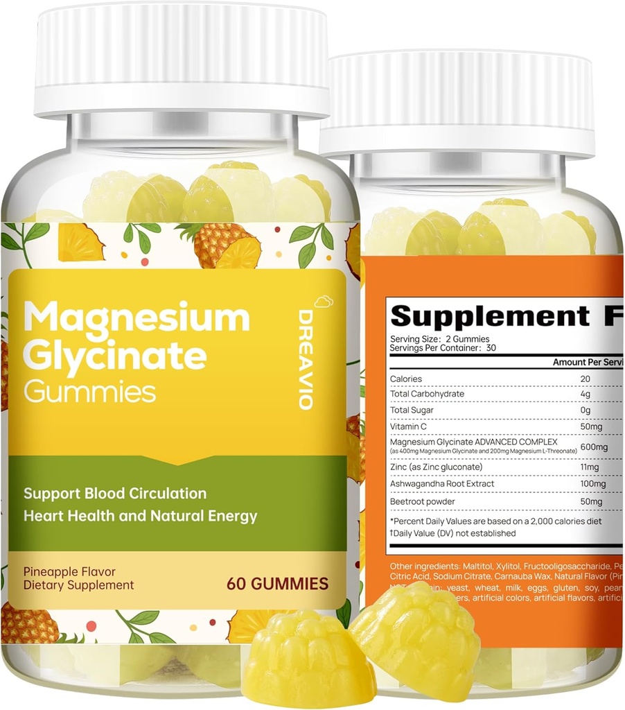 60 Count Magnesium Glycinate Gummies 400mg w/Ashwagandha Supplement - Ζάχαρη Χωρίς ψευδάργυρο Μαγνήσιο Γλυκινικό συμπλήρωμα Ashwagandha Gummies για ενήλικες Ανανάς Γεύση