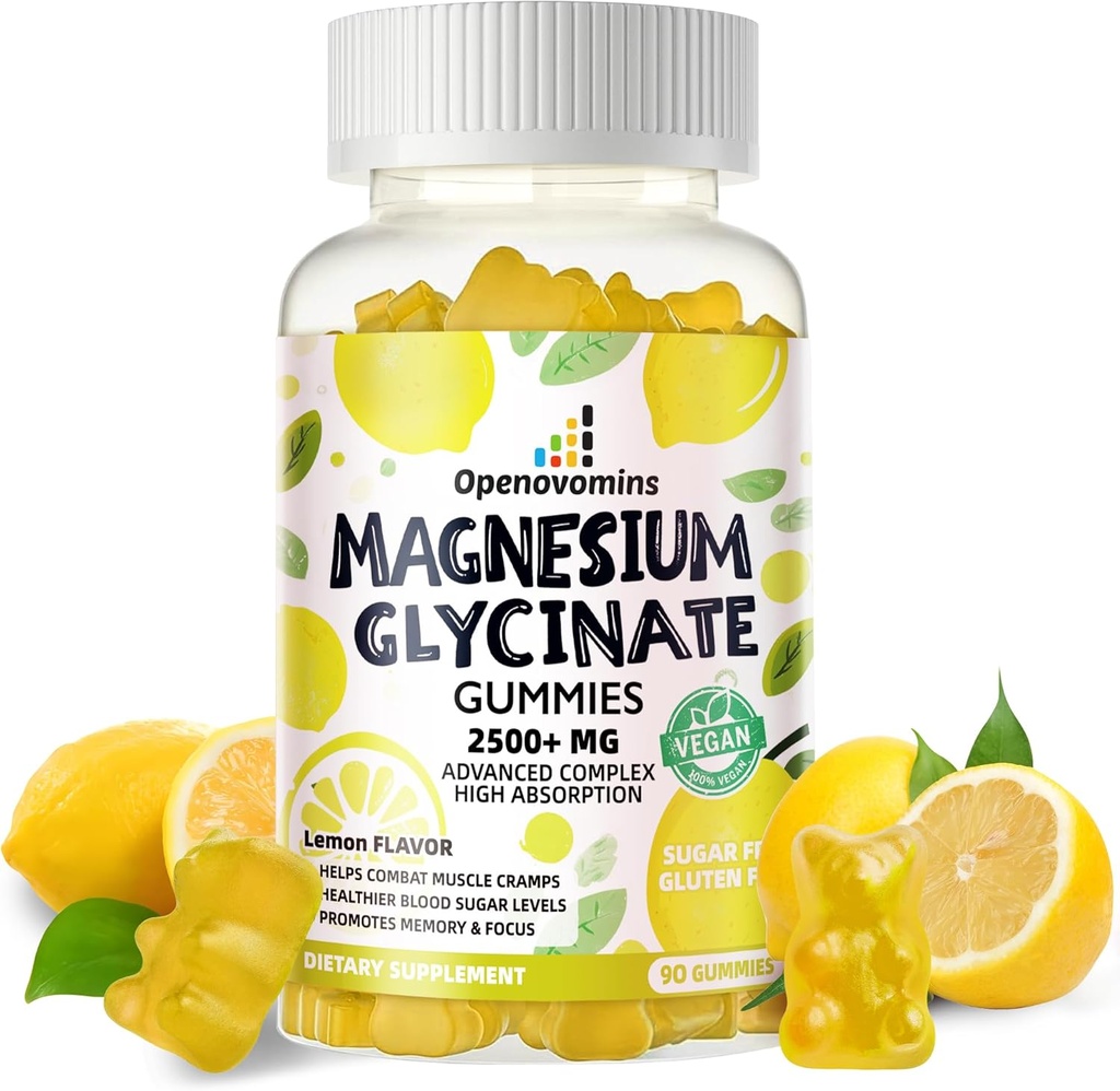 Γλυκινικό Μαγνήσιο Glycinate Gummies 2500mg - Συμπλήρωμα χωρίς ζάχαρη Μαγνήσιο Κάλιο με βιταμίνη D, B6, CoQ10 για υποστήριξη ηρεμίας & ύπνου - 90 Lemon Gummies