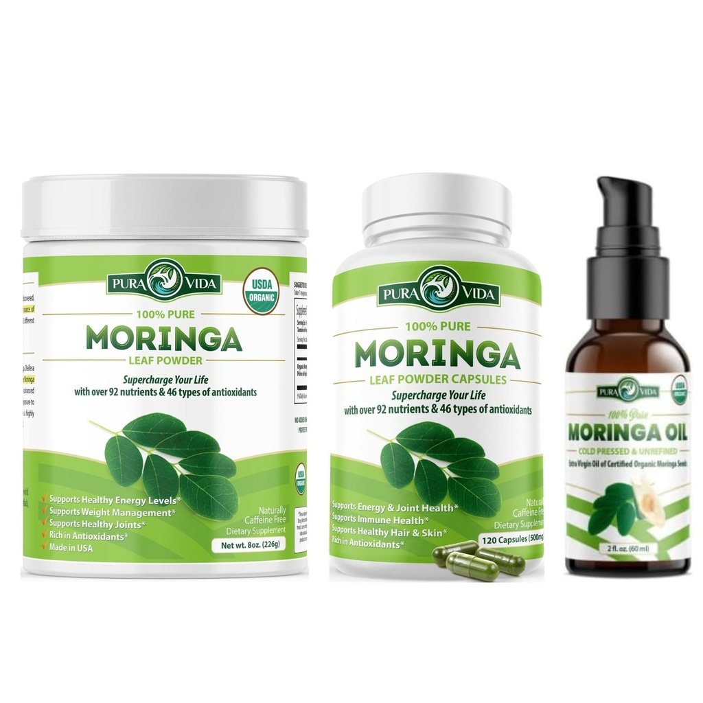 PURA VIDA MORINGA σκόνη 8 oz κάψουλες (120 κόμης) και οργανικό λάδι Moringa (2fl oz)