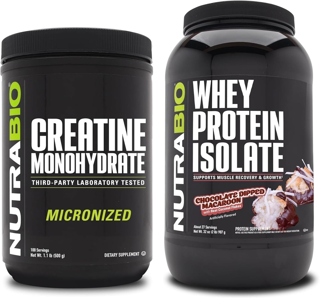 NutraBio Creatine Monohydrate, Unflavored, 500g και πρωτεΐνη Whey Isolate, σοκολάτα βουτηγμένο Macaroon, συμπλήρωμα Bundle - μυϊκή ενέργεια, Lean μυϊκή ανάπτυξη, ανάκτηση, και δύναμη