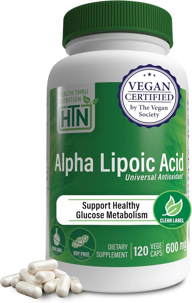 Health Thru Nutrition Alpha Lipoic Acid 600mg 120 Servings | Certified Vegan | Universal Antioxidant | Non-GMO, 3rd Party Tested, Hypoallergenic, Gluten Free, Soy Free ALA Capsules