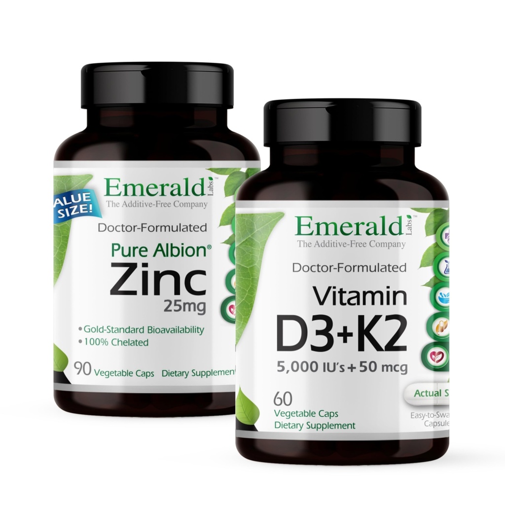 EMERALD LABS Vitamin D3+K2 (60 Caps) & Zinc 25mg (90 Caps) - Bone Health, Heart Support, Immune Support, Digestive Health, Oxidative Stress Support - Gluten-Free