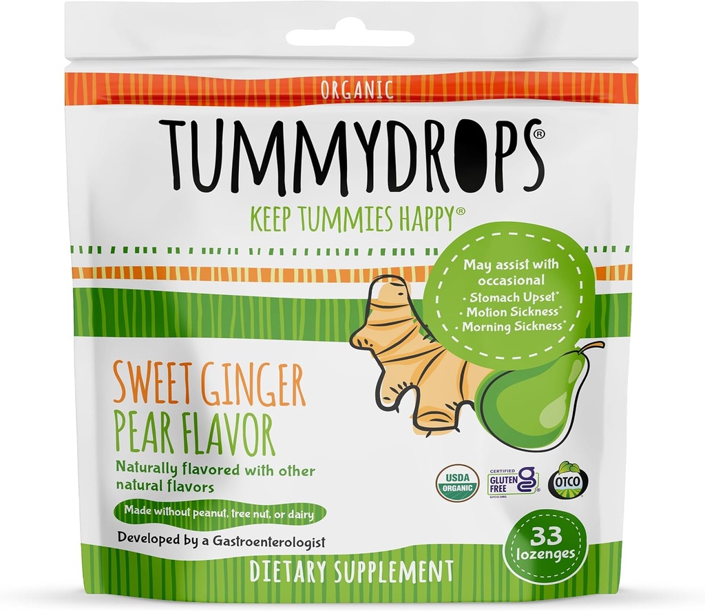USDA Organic Sweet Ginger Pear Tummydrops, Gluten Free & Vegan. 33 Μεμονωμένα τυλιγμένα οργανικά Ginger Lozenges σε μια επαναχρησιμοποιήσιμη τσάντα.