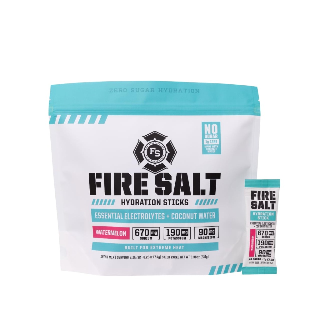Fire Science Fire Salt Hydration Sticks, Electrolytes & Coconut Water, Hydration Drink Mix with Magnesium, Κάλιο & Νάτριο, Zero Sugar, Single Serve On The Go Packs, Watermelon Flavor, 32 Count